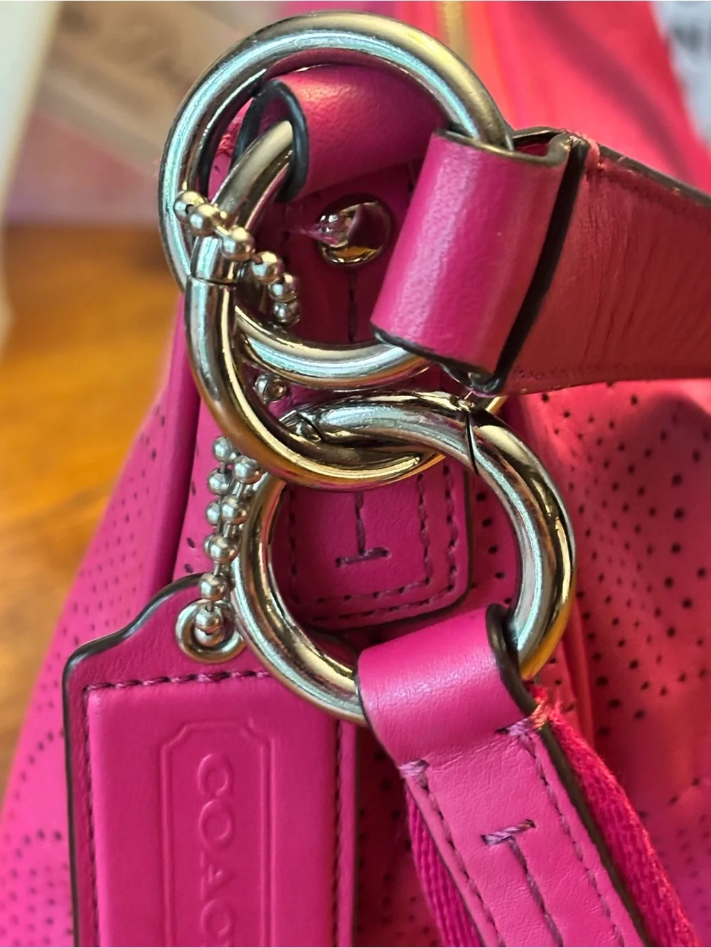 Coach F23241 Pink Perforated Leather Convertible Hobo Crossbody Bag